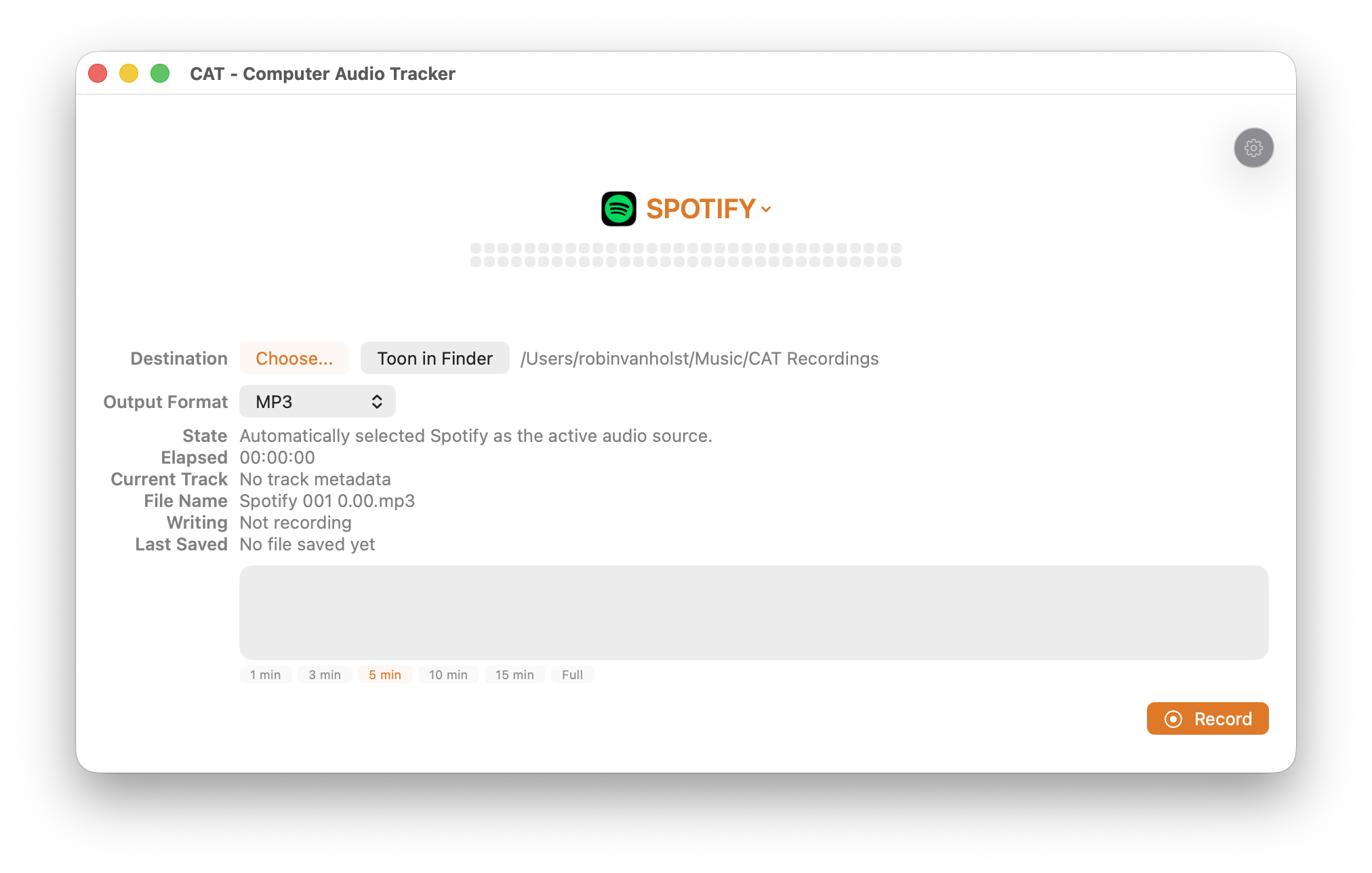 Spotify geselecteerd als actieve audiobron in CAT